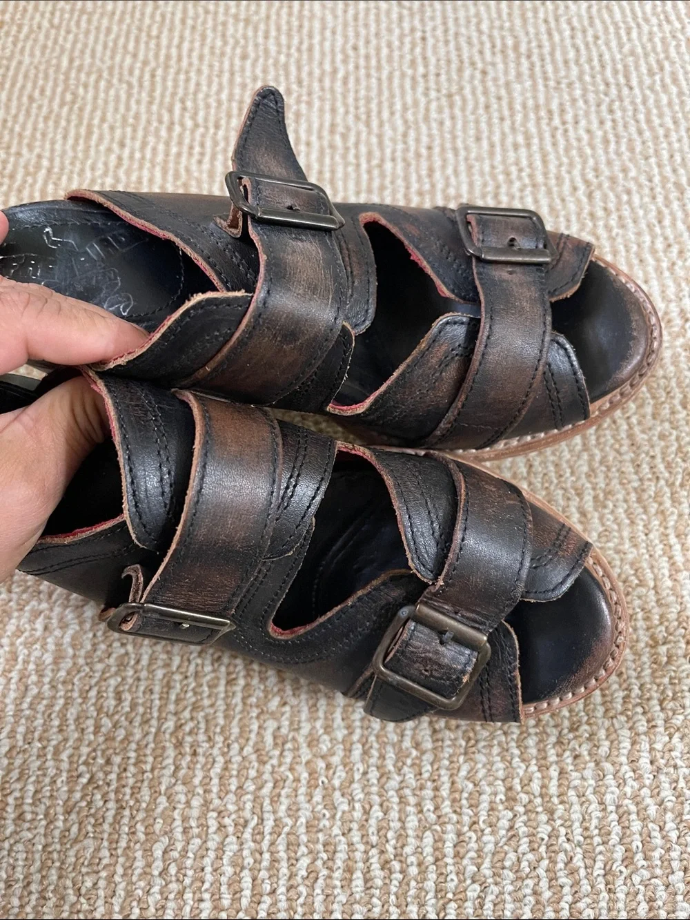 freebird  caprise Distressed Black Leather Buckle Heel Sandals